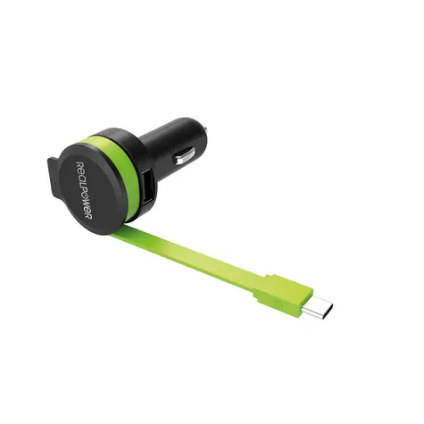 RealPower 257636 C USB nabíječka s kabelem do auta černá / 2x USB/ 2400 mA