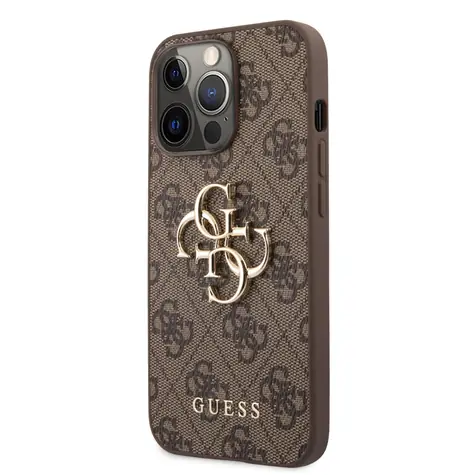 GUESS PU 4G Metal Logo Zadní Kryt pro Apple iPhone 13 Pro Max hnědá