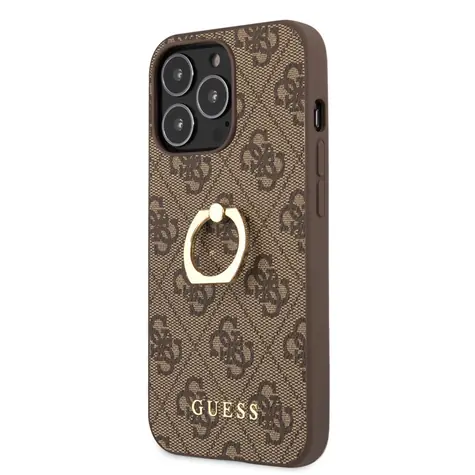GUESS PU 4G Ring Zadní Kryt pro Apple iPhone 13 Pro hnědá