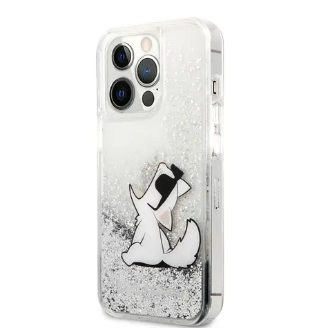 Karl Lagerfeld Liquid Glitter Choupette Eat Zadní Kryt pro Apple iPhone 13 Pro Max stříbrná