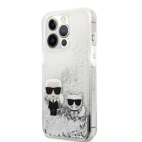 Karl Lagerfeld Liquid Glitter Karl and Choupette Zadní Kryt pro Apple iPhone 13 Pro stříbrná
