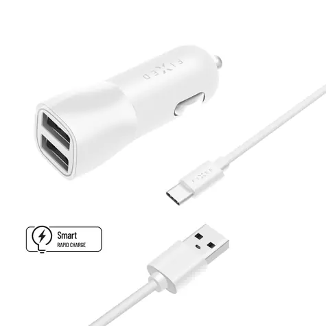 FIXED Set autonabíječky s 2xUSB výstupem a USB-USB-C kabelu 1 m bílá / 15W Smart Rapid Charge