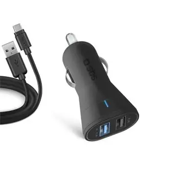 SBS Nabíjecí sada do auta 2xUSB + USB-C kabel 1m černá / 2.1A / 12 & 24V