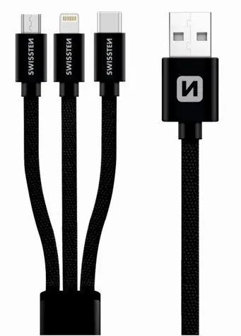SWISSTEN TEXTILE 3in1 datový kabel MFi 1.2m černá