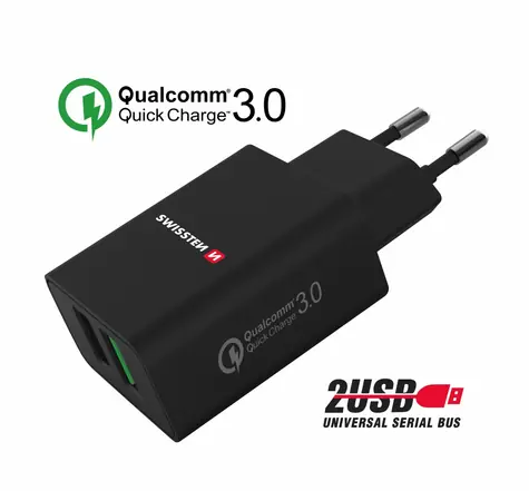 SWISSTEN síťový adaptér 2x USB QC 3.0 + USB 23W černá (ECO BALENÍ)
