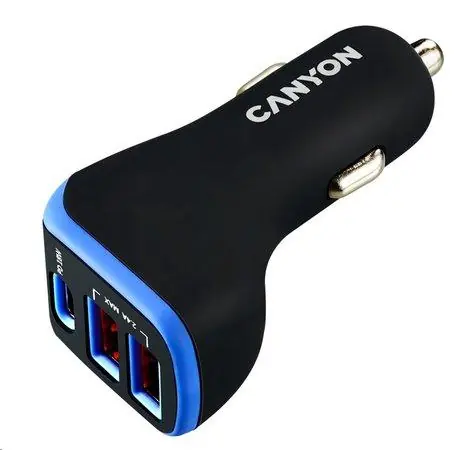 CANYON C-08 černo-modrá / autonabíječka / PD 18W / 2xUSB-A / 1xUSB-C / 5V / 2.4A