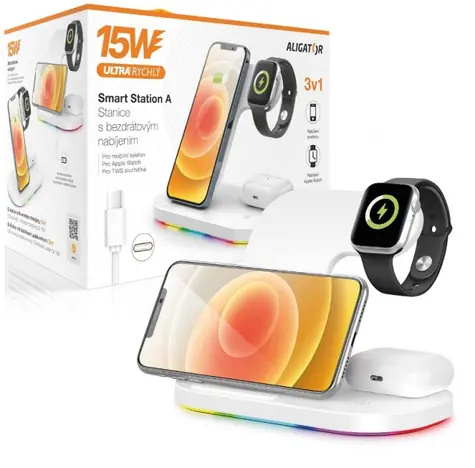 Aligator Smart Station A 15W 3v1 Bezdrátová nabíjecí stanice bílá