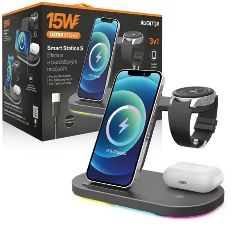 Aligator Smart Station S 15W 3v1 Bezdrátová nabíjecí stanice černá