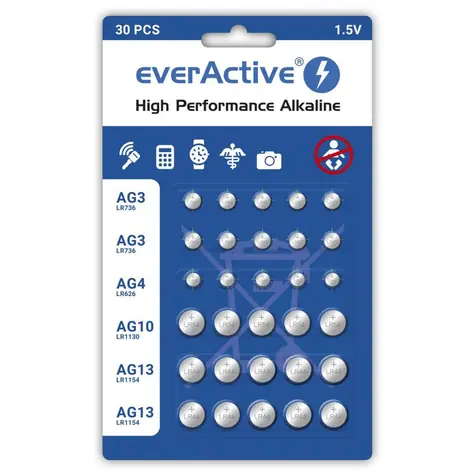 EverActive Alkalické knoflikové baterie sada 30 ks / 10xG3(LR41) / 5xG4(LR626) / 5xG10(LR1130) / 10xG13(LR1154)