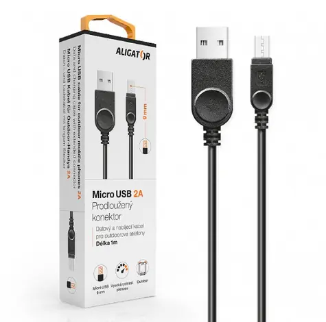 Aligator Datový kabel micro USB 2A 1m černá / prodloužený konektor 9mm