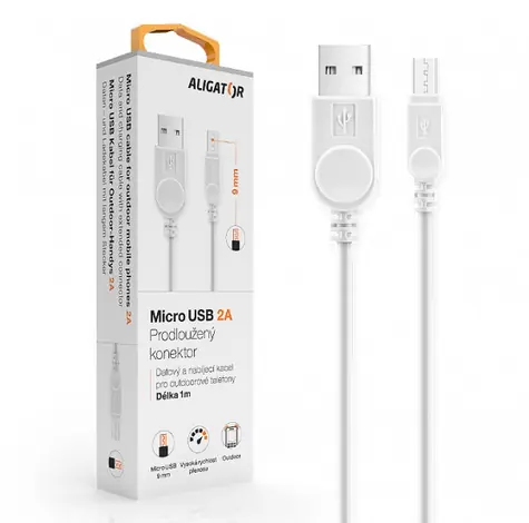 Aligator Datový kabel micro USB 2A 1m bílá / prodloužený konektor 9mm