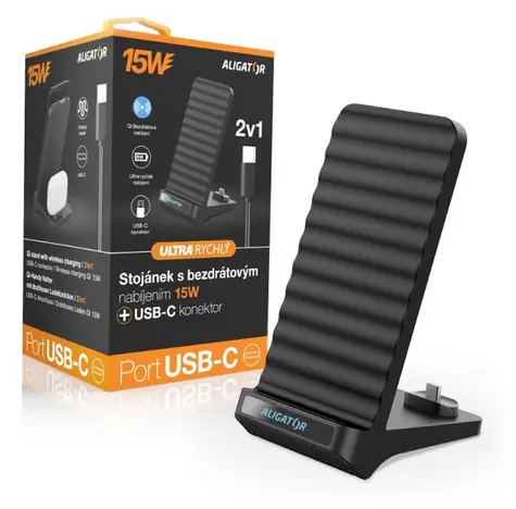 Aligator Stojánek s bezdrátovým nabíjením 15W a USB-C konektorem černá