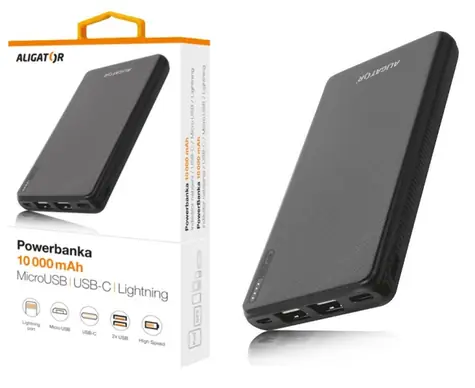 Aligator PB1000 Powerbanka 10 000mAh 3v1 černá / micro / lightning / USB-C
