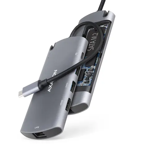 AXAGON HMC-6M2, USB 5Gbps hub, 2x USB-A, HDMI 4k/30Hz, RJ-45 GLAN, SATA M.2 slot, PD 100W, kabel USB-C 18cm