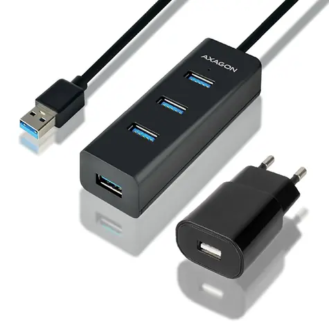 AXAGON HUE-S2BP, 4x USB 5Gbps CHARGING hub, kabel USB-A 120cm, vč. AC adapteru