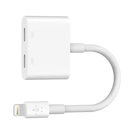 BELKIN F8J198btWHT lighting audio + charge adapter bílá / 2x USB-C / Lighting / 12 cm