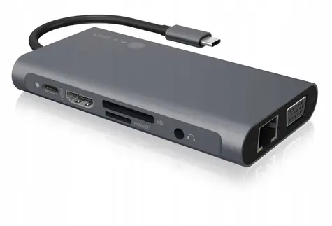 IcyBox IB-DK4040-CPD USB-C Hub 10v1 stříbrná / 3x USB 3.0 / 1x USB-C / HDMI / VGA / Gigabit LAN / 3.5 mm jack
