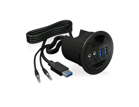 IcyBox IB-HUB1404A Stolní USB Hub se čtečkou SD/microSD černá / 2x USB 3.0 & 1x USB-C / 60 mm kabelová průchodka / audio