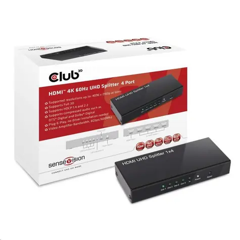 CLUB3D CSV-1380 video splitter 1:4 HDMI 2.0 černá / 4K 60Hz / podpora 3D / 4 porty 