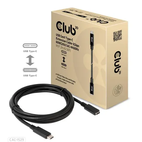 CLUB3D CAC-1529 kabel USB-C M/F černá 2m / 4K 60Hz 