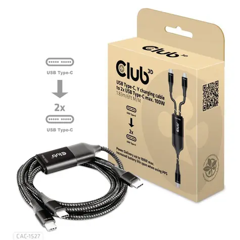 CLUB3D CAC-1527 nabíjecí kabel USB-C na 2x USB-C M/M černá 1.83m / 100W 