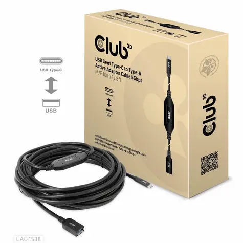 CLUB3D CAC-1538 kabel USB-C na USB-A M/F černá 10m / 5Gbps  / doprodej