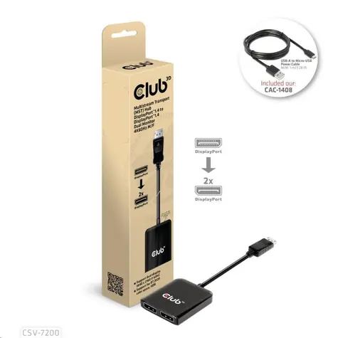 CLUB3D CSV-7200 MST video adaptér DisplayPort 1.4 na 2x DisplayPort M/F černá / 4K 60Hz