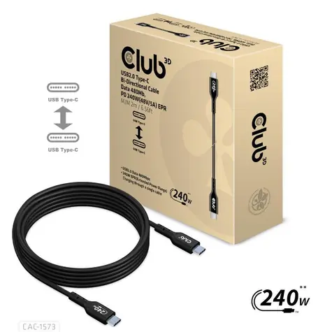 CLUB3D CAC-1573 kabel USB-C M/M černá 2m / Data 480Mb / PD 240W 