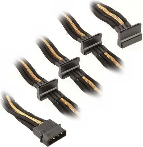 SilverStone kabel 4-pin Molex > 4x SATA rozšíření 30cm černo-zlatá / individuálně pletená vlákna