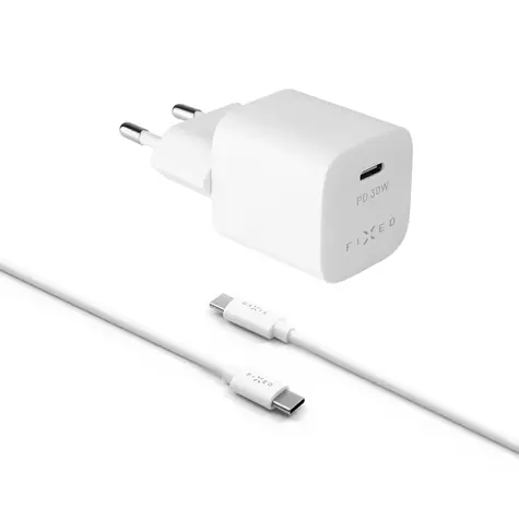 FIXED Mini Set síťové nabíječky s USB-C výstupem a USB-C/USB-C kabelu 1m bílá / podpora PD / 30W