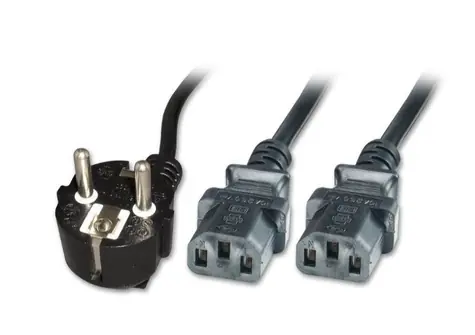 MicroConnect Síťový napájecí kabel Schuko 90° úhel - 2x C13 3m černá