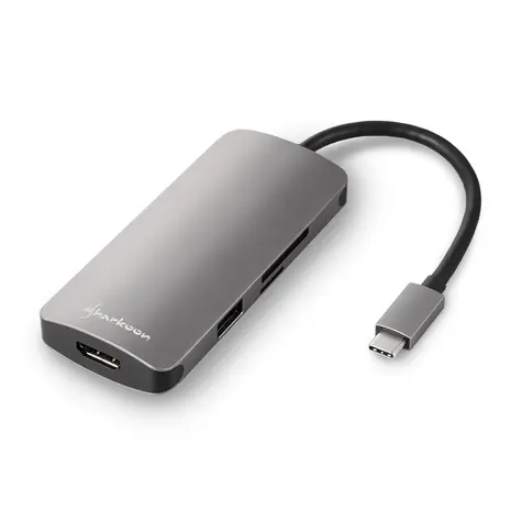 Sharkoon tmavě šedá / Multiportní adaptér / dokovací stanice / USB Type C & USB & HDMI & MicroSD & SD
