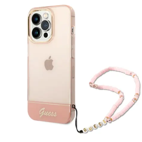 GUESS PC & TPU Camera Outline Translucent Zadní Kryt s Poutkem pro Apple iPhone 14 Pro Max růžová