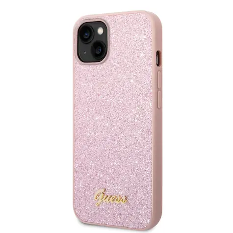 GUESS PC/TPU Glitter Flakes Metal Logo Zadní Kryt pro Apple iPhone 14 Plus růžová