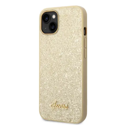 GUESS PC/TPU Glitter Flakes Metal Logo Zadní Kryt pro Apple iPhone 14 Plus zlatá
