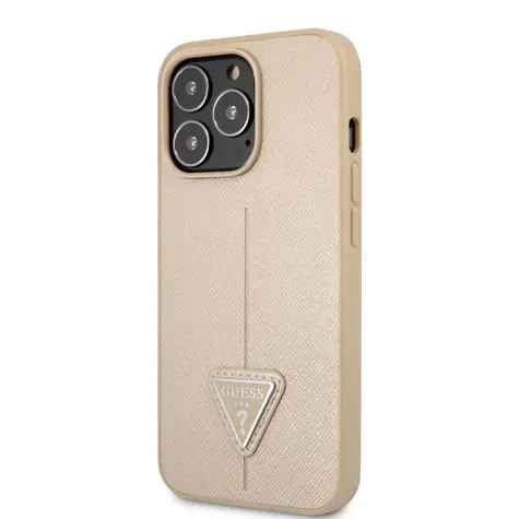 GUESS PU Saffiano Triangle Zadní Kryt pro Apple iPhone 13 Pro béžová