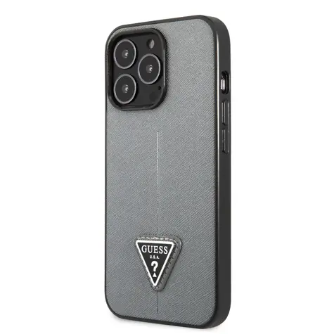 GUESS PU Saffiano Triangle Zadní Kryt pro Apple iPhone 13 Pro stříbrná