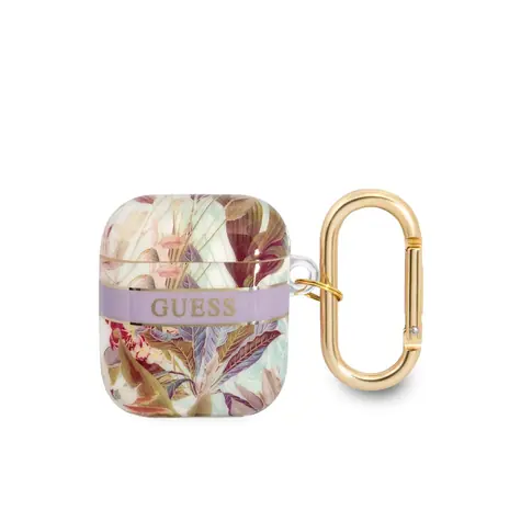 GUESS TPU Flower Print Pouzdro pro Apple Airpods 1 & 2 fialová