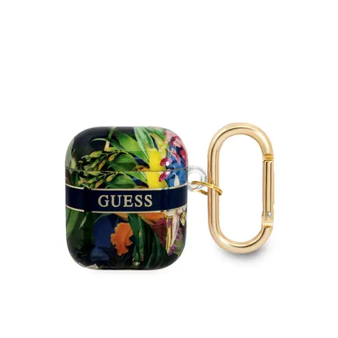 GUESS TPU Flower Print Pouzdro pro Apple Airpods 1 & 2 modrá