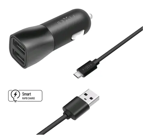 FIXED USB autonabíječka + USB-A na microUSB kabel černá / 15W / 2x USB / Smart Rapid / do autozapalovače