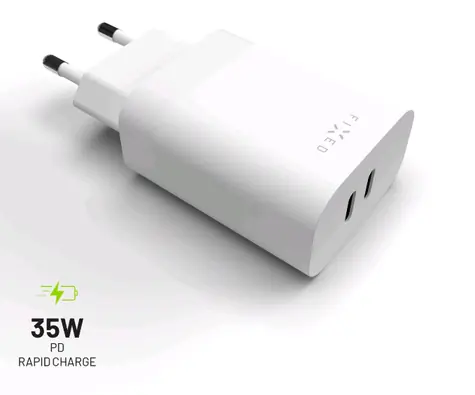 FIXED Síťová nabíječka s 2x USB-C výstupem a podpora PD bílá / 35W
