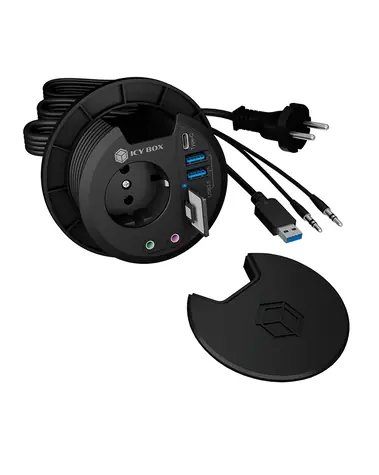 Icy Box B-HUB1430-CR černá / USB stolní rozbočovač / 2x USB 3.1 A / USC 3.1 C / microSD/SD / 2x 3.5mm jack / 230V 