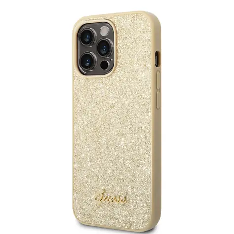 GUESS PC/TPU Glitter Flakes Metal Logo Zadní Kryt pro Apple iPhone 14 Pro zlatá