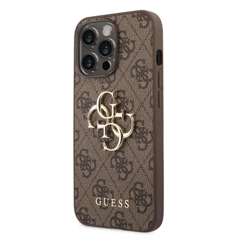 GUESS PU 4G Metal Logo Zadní Kryt pro Apple iPhone 14 Pro hnědá