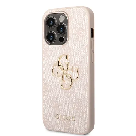 GUESS PU 4G Metal Logo Zadní Kryt pro Apple iPhone 14 Pro růžová