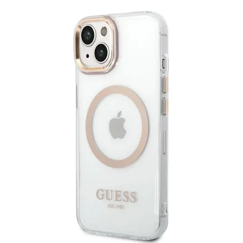 GUESS Transparent MagSafe Kompatibilní Zadní Kryt pro Apple iPhone 14 Plus zlatá