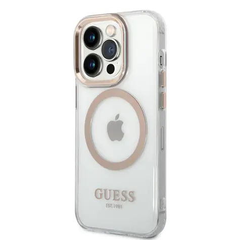 GUESS Transparent MagSafe Kompatibilní Zadní Kryt pro Apple iPhone 14 Pro Max zlatá
