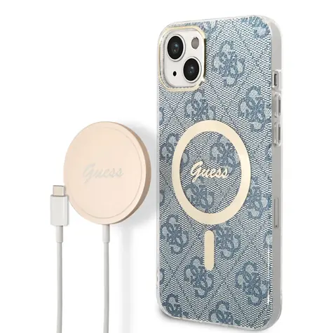 GUESS 4G MagSafe Kompatibilní Zadní Kryt + Bezdrátová Nabíječka pro Apple iPhone 14 Plus modrá