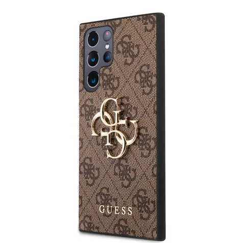 GUESS PU 4G Metal Logo Zadní Kryt pro Samsung Galaxy S23 Ultra hnědá