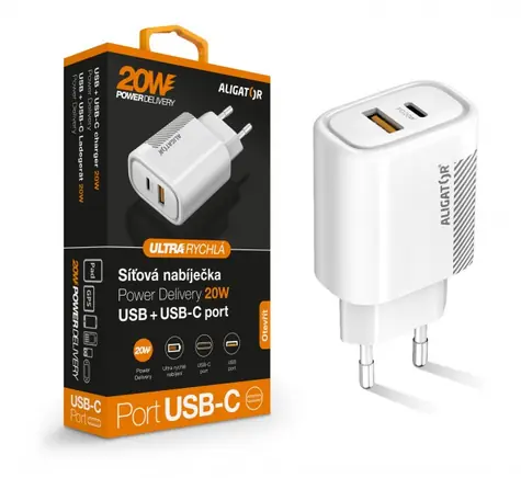 Aligator síťová nabíječka USB bílá / USB / USB-C / 20W / Power delivery
